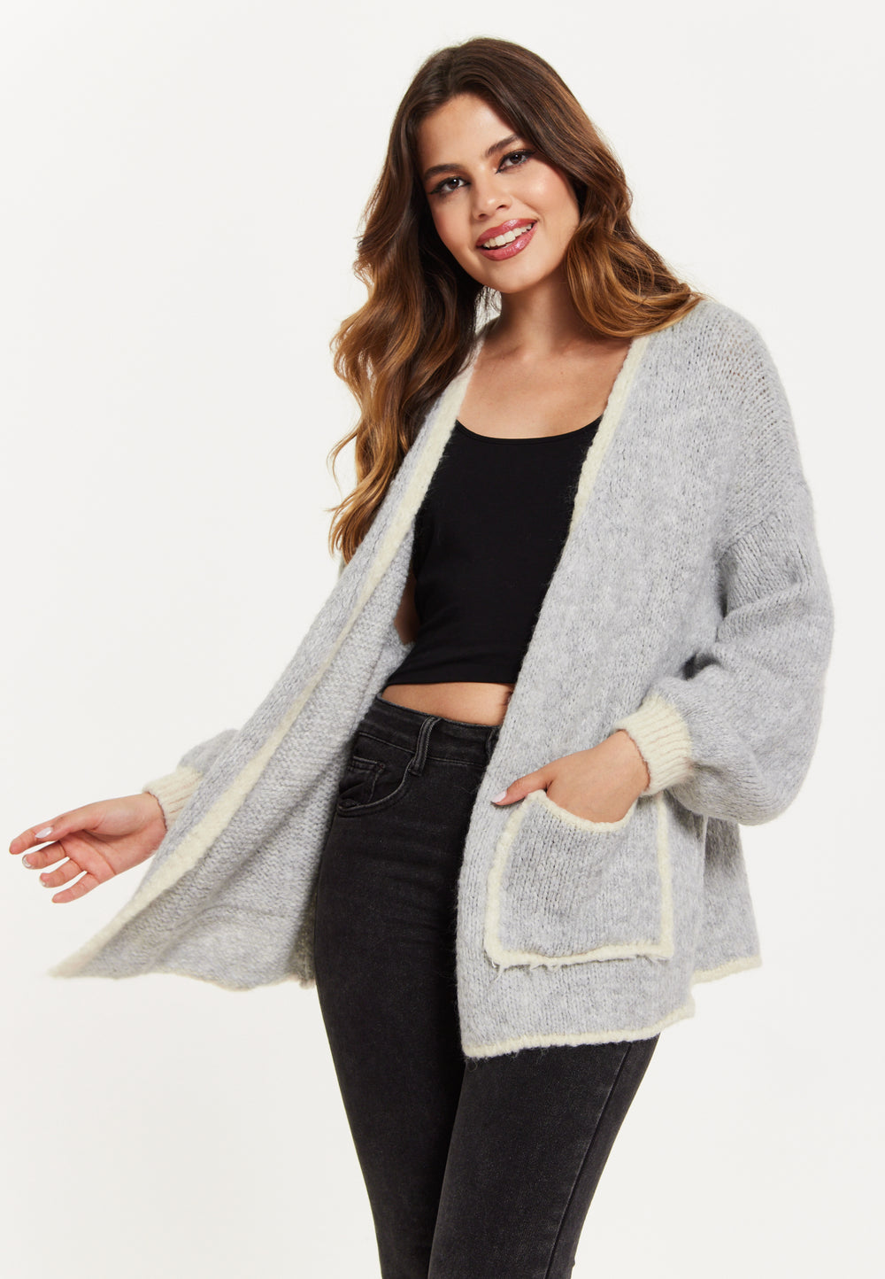 Liquorish Mohair Knitted Cardigan with Pockets in Grey