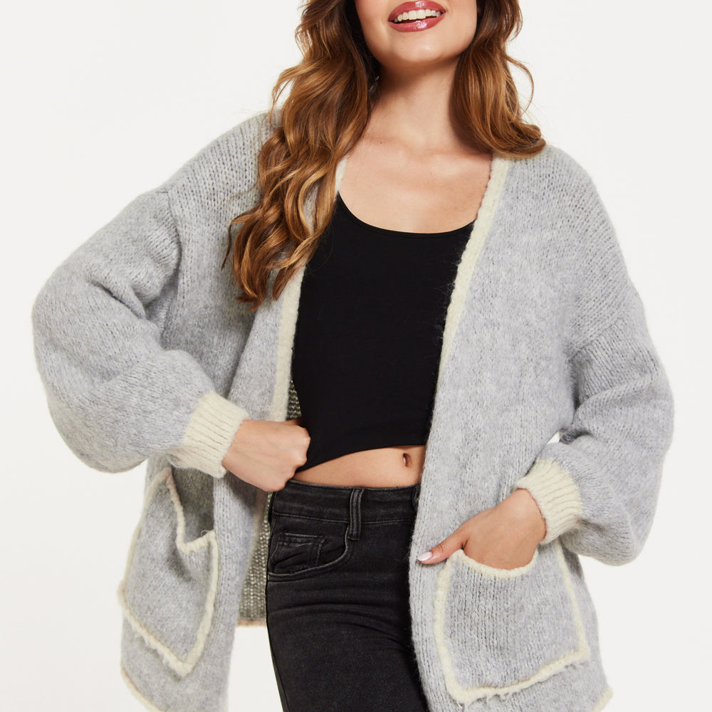 
                  
                    Women's Grey Chunky Knit Cardigan with Pockets, Open-Front Design and Contrast Trim, Liquorish
                  
                