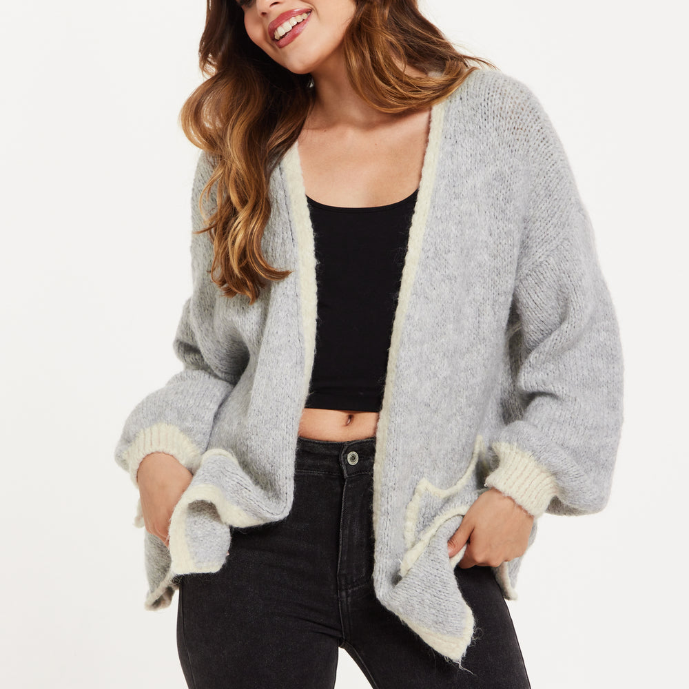 
                  
                    Women's Grey Chunky Knit Cardigan with Pockets, Open-Front Design and Contrast Trim, Liquorish
                  
                