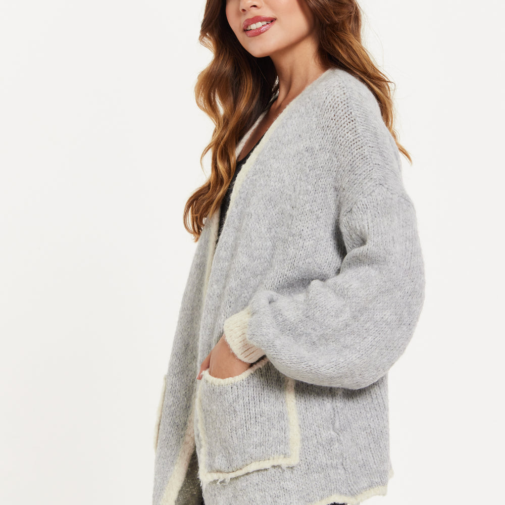 
                  
                    Women's Grey Chunky Knit Cardigan with Pockets, Open-Front Design and Contrast Trim, Liquorish
                  
                