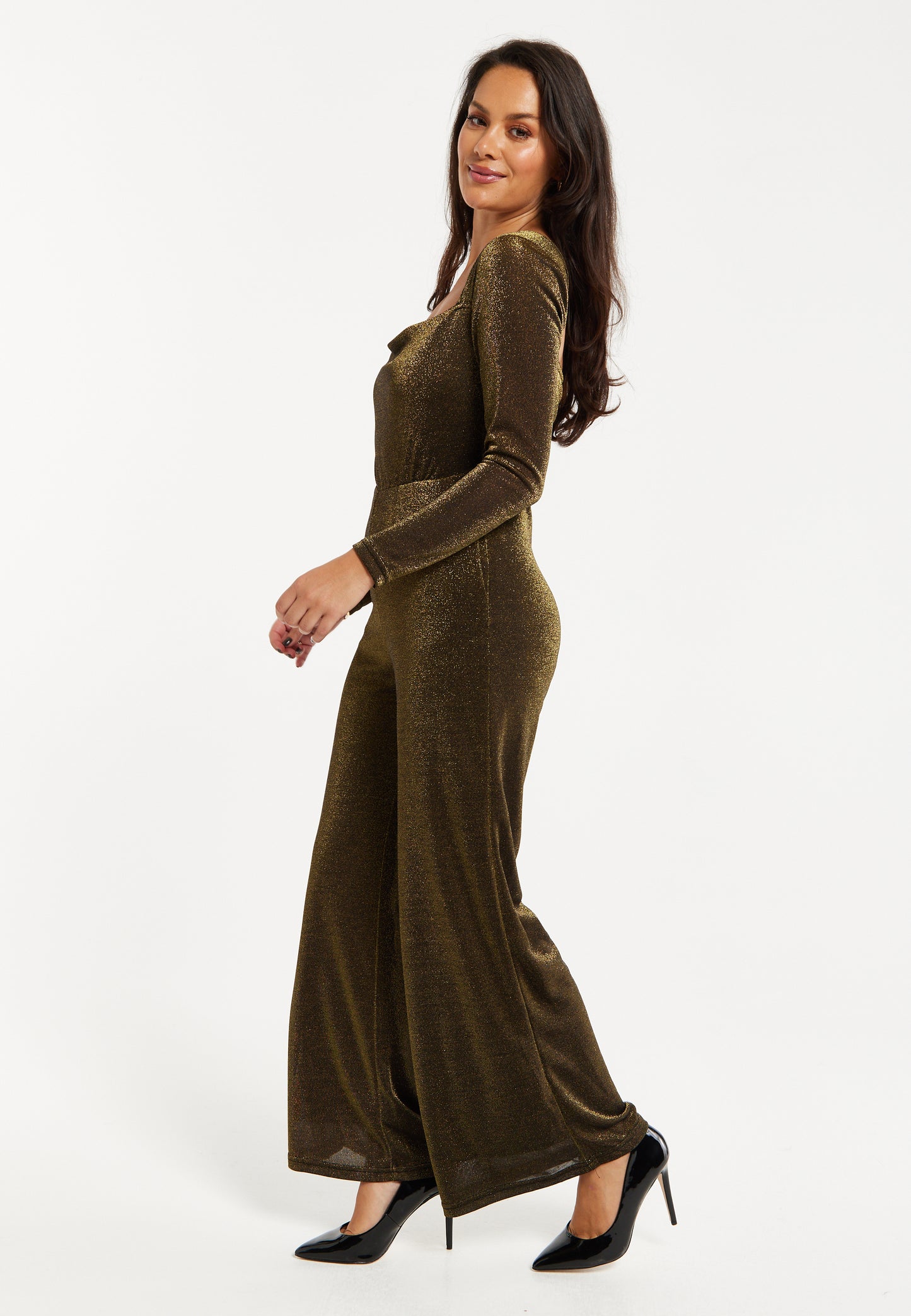 
                  
                    Liquorish Gold Cowl Neck Lurex Jumpsuit
                  
                