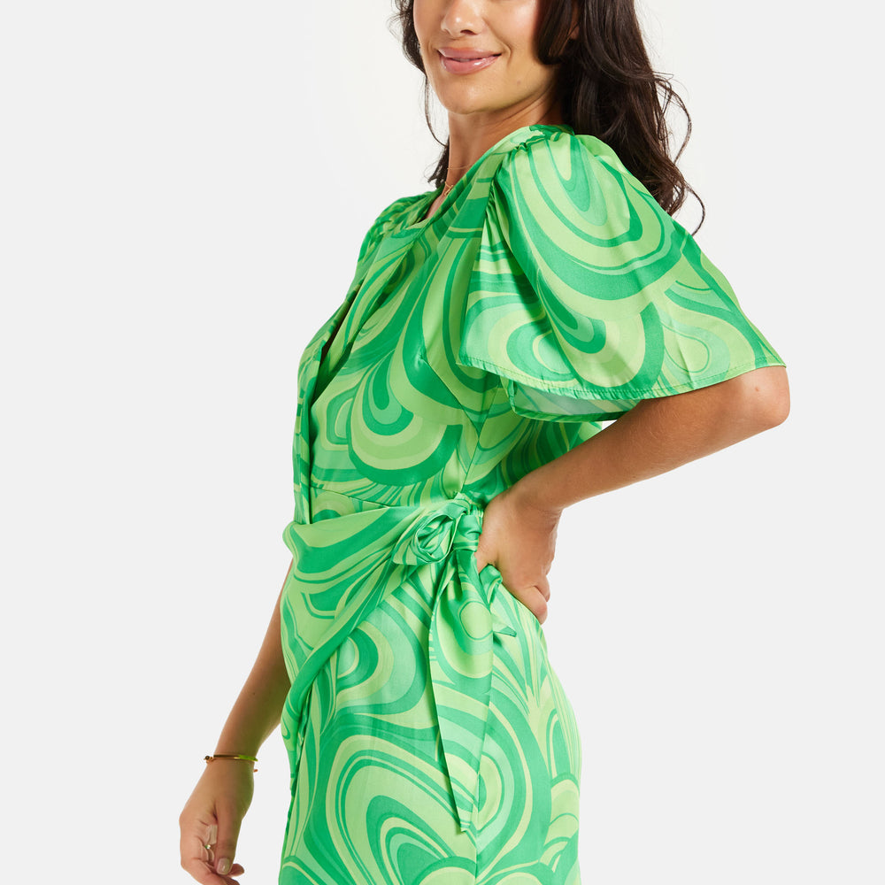 
                  
                    Women's Mini Dress in Green with Short Sleeves, V Neck, Tie Waist, and Wrap Style - Liquorish
                  
                