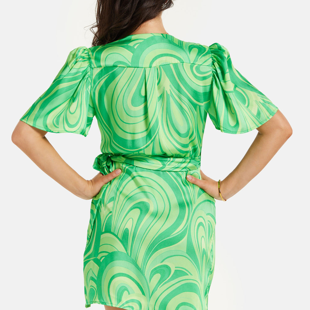 
                  
                    Women's Mini Dress in Green with Short Sleeves, V Neck, Tie Waist, and Wrap Style - Liquorish
                  
                