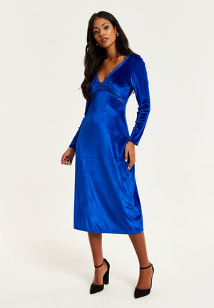 Liquorish Royal Blue Velvet Midi Dress With Lace Details