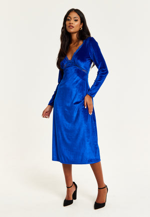 Liquorish Royal Blue Velvet Midi Dress With Lace Details