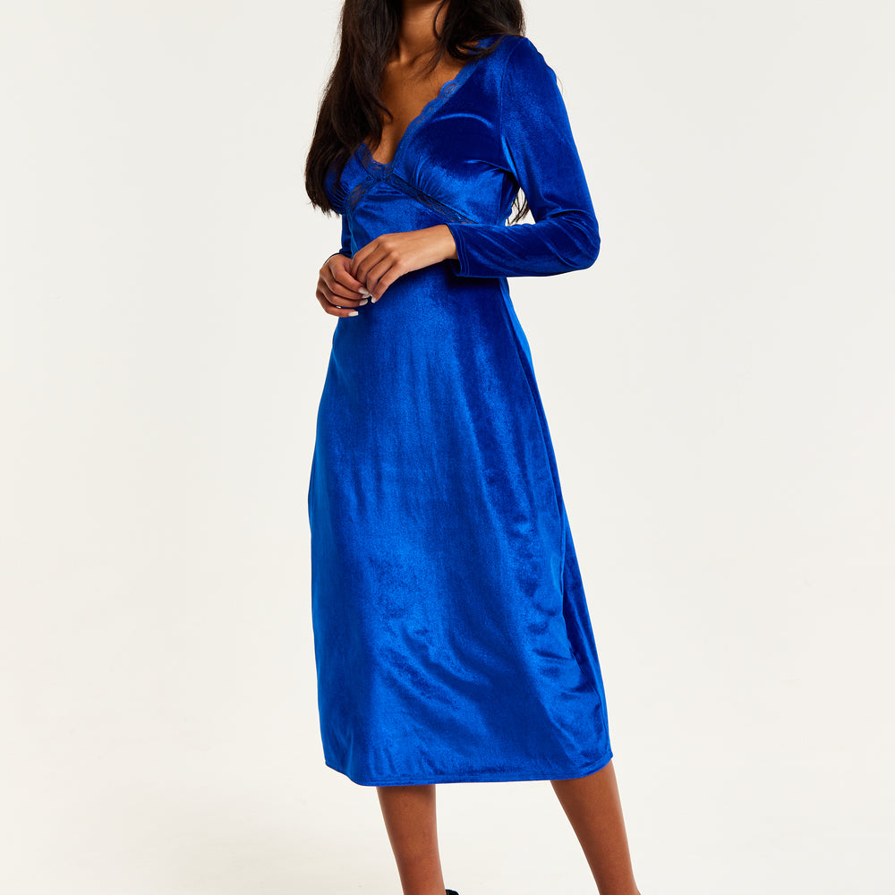 
                  
                    Liquorish Royal Blue Velvet Midi Dress With Lace Details
                  
                