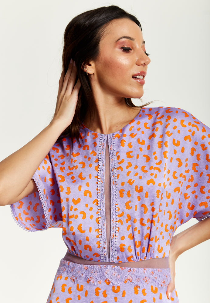 Liquorish Cheetah Print Midi Dress With Mesh Detailing In Lilac And Orange
