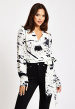 Liquorish Mono Abstract Print Wrap Top With Long Sleeves