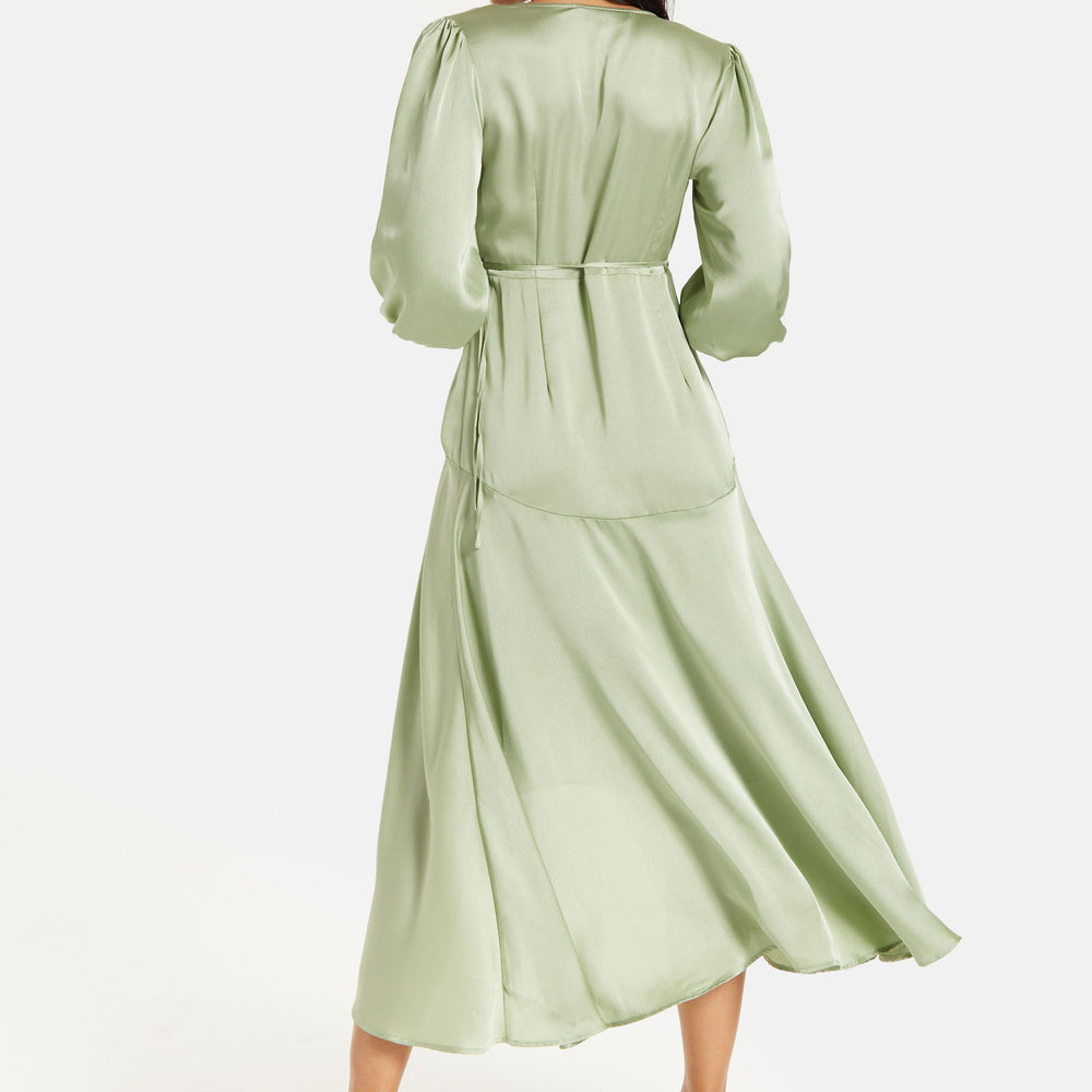 
                  
                    Women's Midi Wrap Dress in Sage Green with Short Puff Sleeves - Elegant Style and Comfort by Liquorish
                  
                