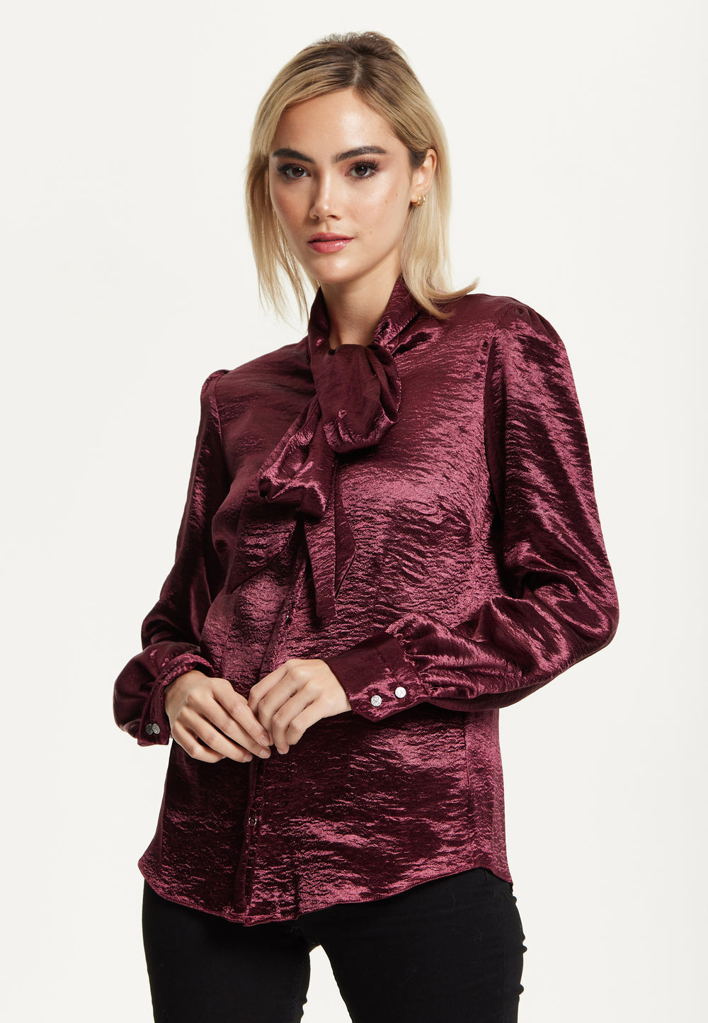 Burgundy Satin Tie Neck Blouse