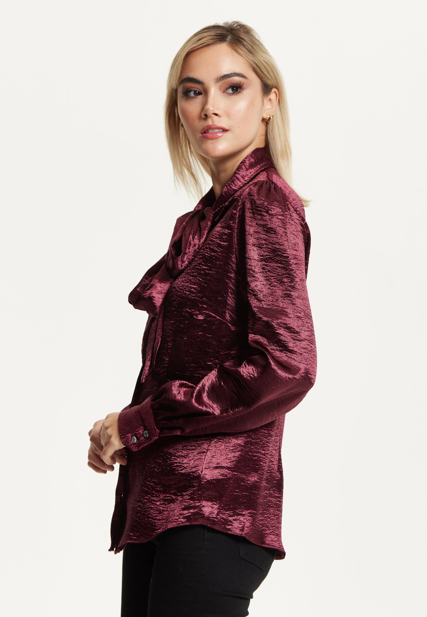 
                  
                    Burgundy Satin Tie Neck Blouse
                  
                