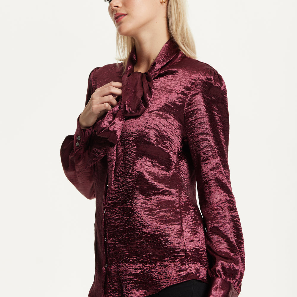 
                  
                    Burgundy Satin Tie Neck Blouse
                  
                