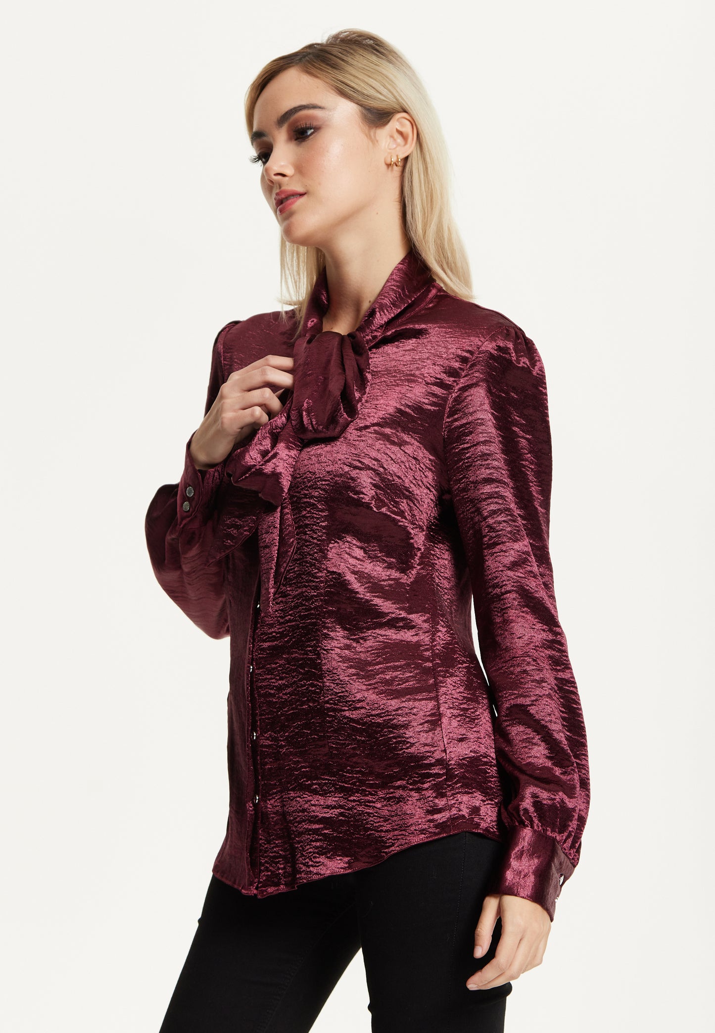 
                  
                    Burgundy Satin Tie Neck Blouse
                  
                