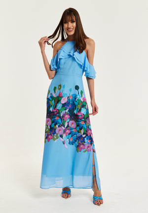 Liquorish Floral Print Maxi Dress With Frill Details in Blue