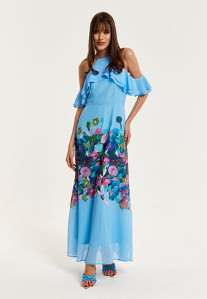 Liquorish Floral Print Maxi Dress With Frill Details in Blue