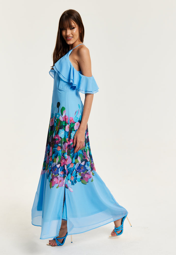 Liquorish Floral Print Maxi Dress With Frill Details in Blue