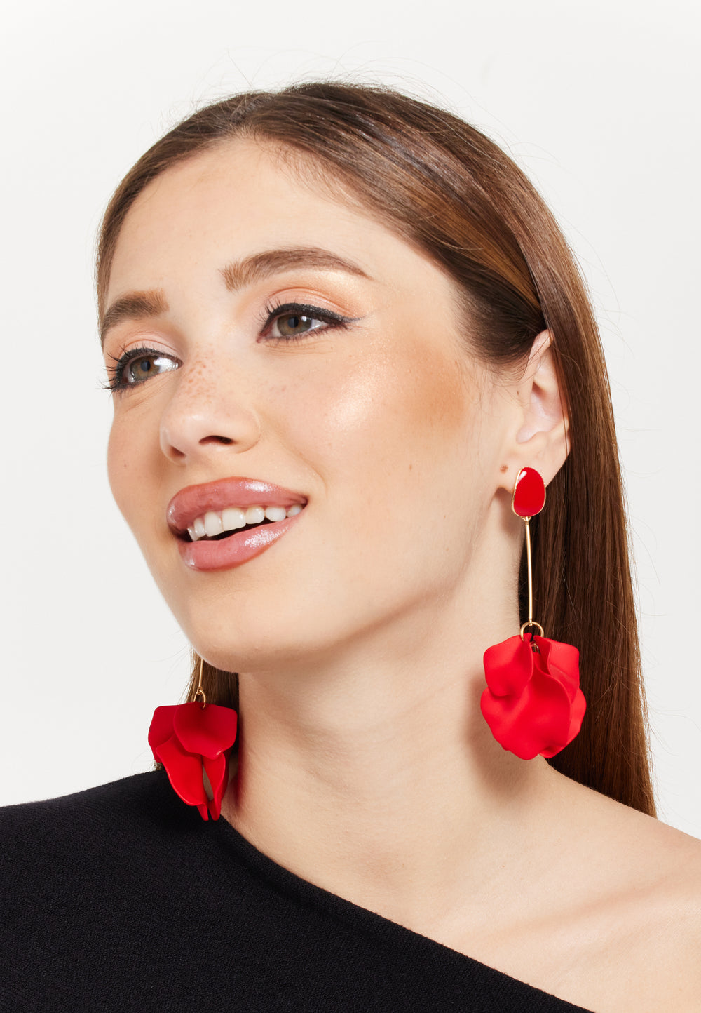 Long Flower Petal Dangle Earrings in Red