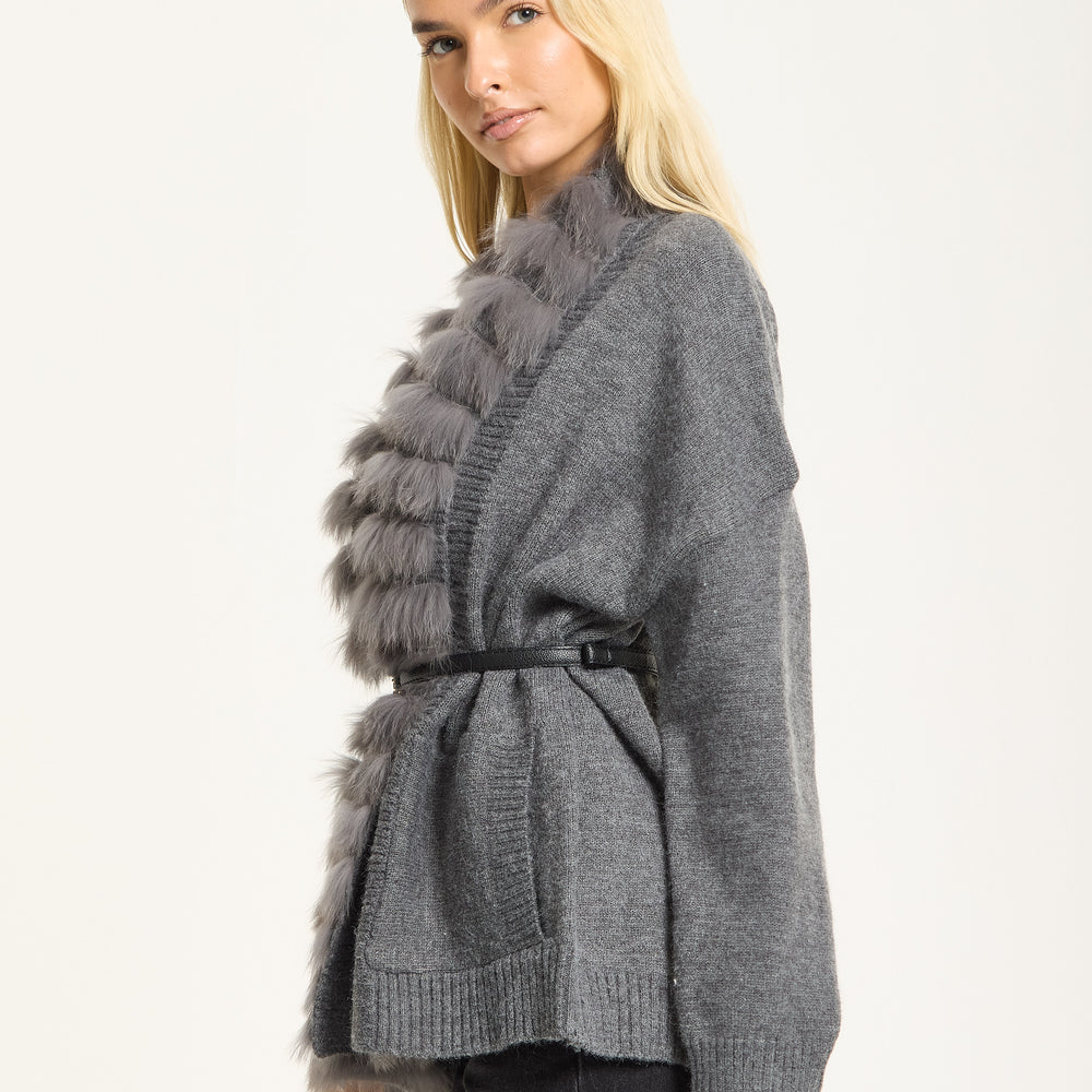 
                  
                    Grey Faux Fur Trim Belted Cardigan
                  
                