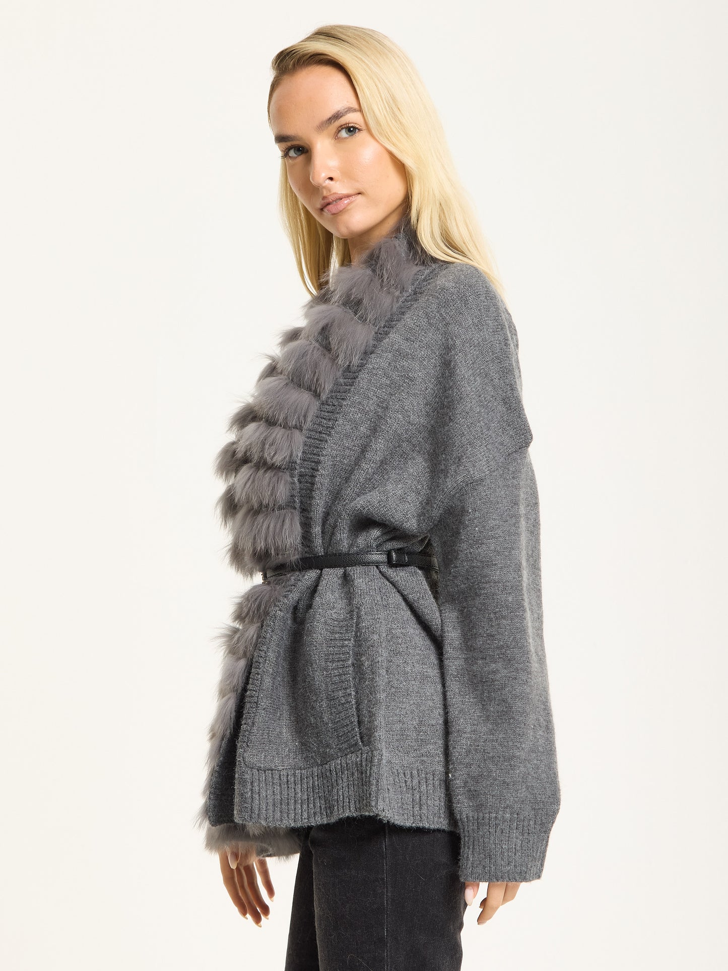 
                  
                    Grey Faux Fur Trim Belted Cardigan
                  
                