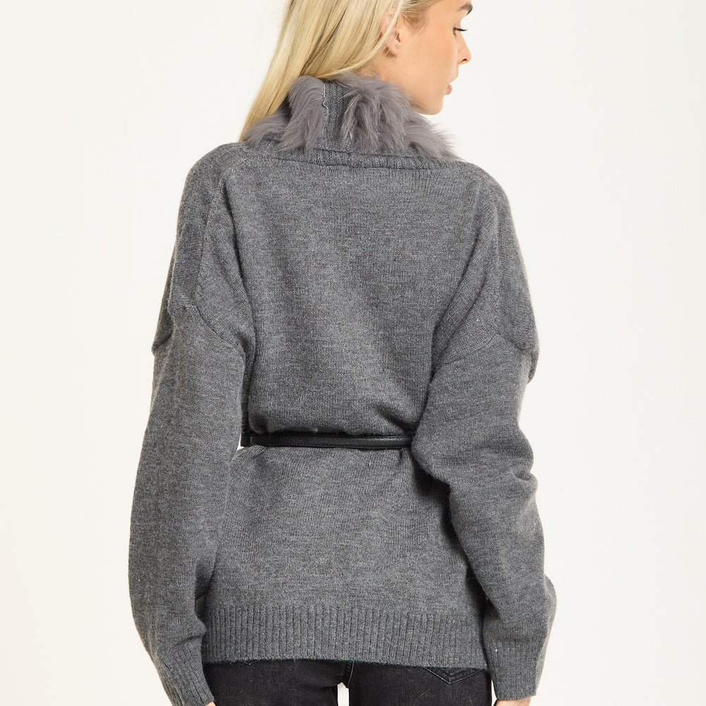 
                  
                    Grey Faux Fur Trim Belted Cardigan
                  
                