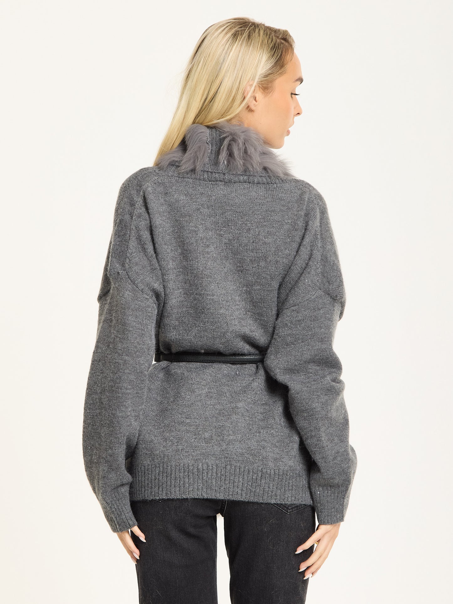 
                  
                    Grey Faux Fur Trim Belted Cardigan
                  
                
