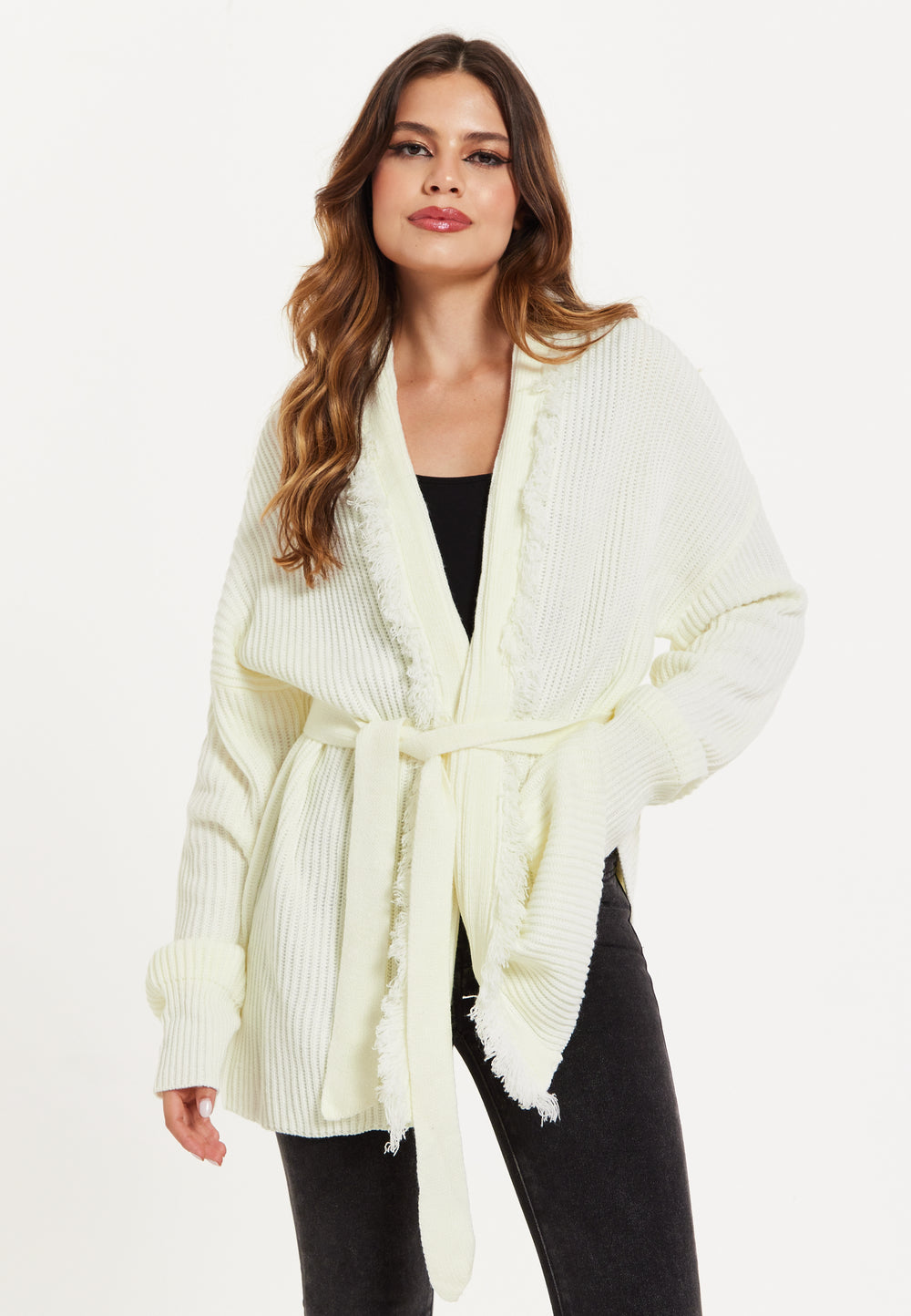 Liquorish Open Front Cream Cardigan With Fringe Details