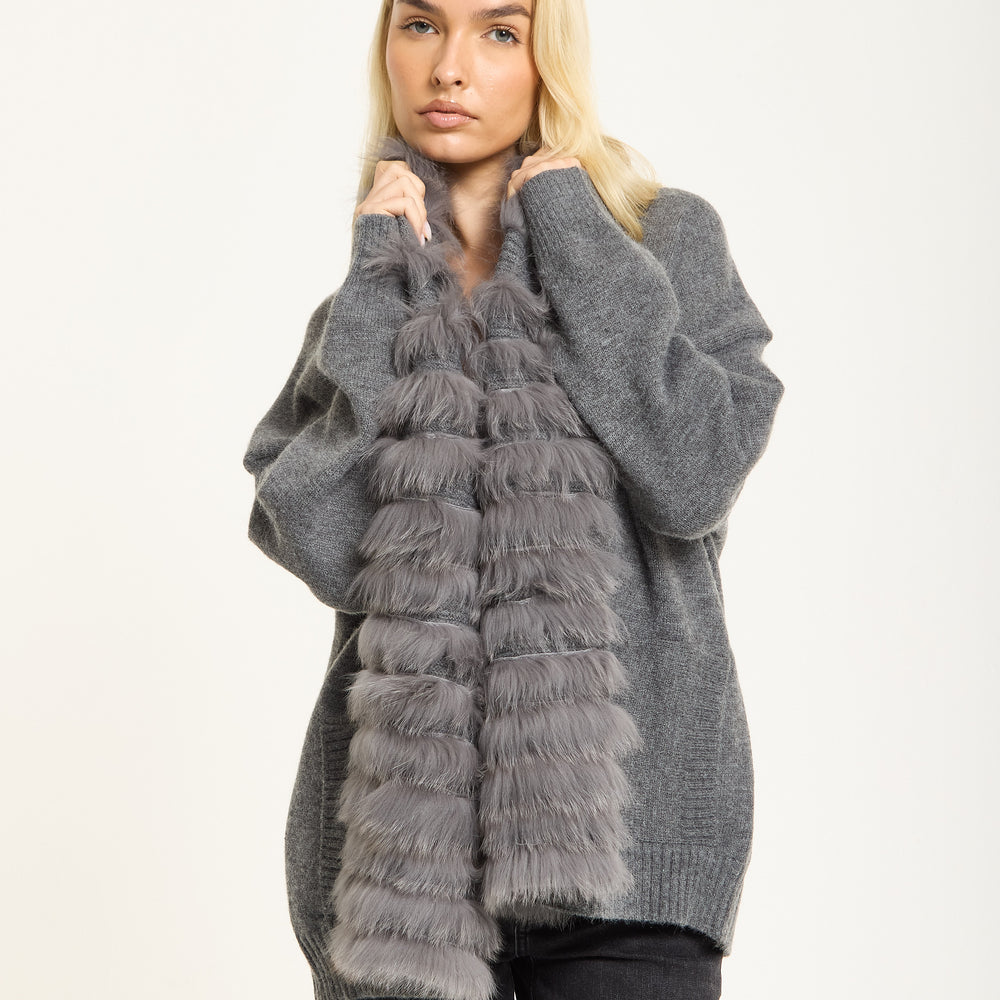 
                  
                    Grey Faux Fur Trim Belted Cardigan
                  
                