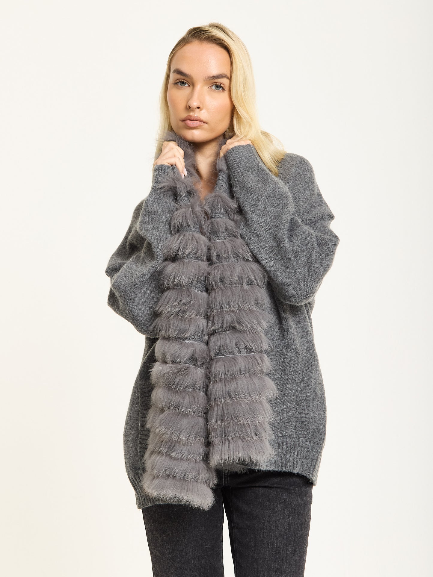 
                  
                    Grey Faux Fur Trim Belted Cardigan
                  
                