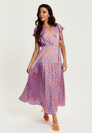 Liquorish Cheetah Print Maxi Wrap Dress In Lilac And Orange