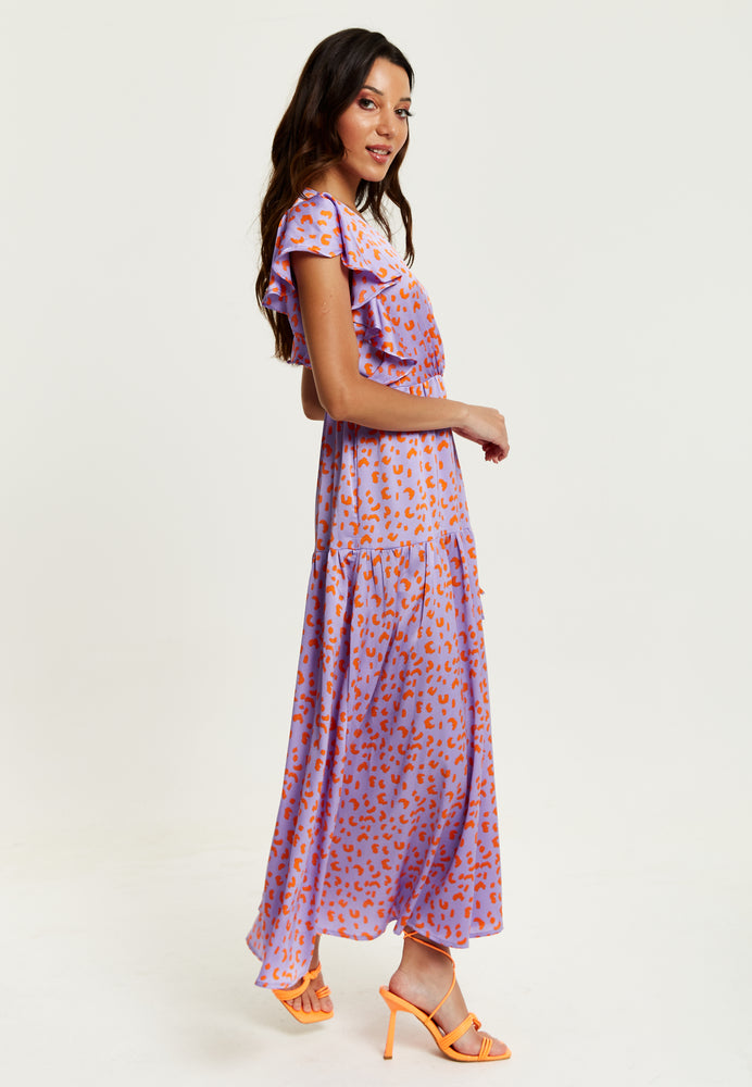 Liquorish Cheetah Print Maxi Wrap Dress In Lilac And Orange