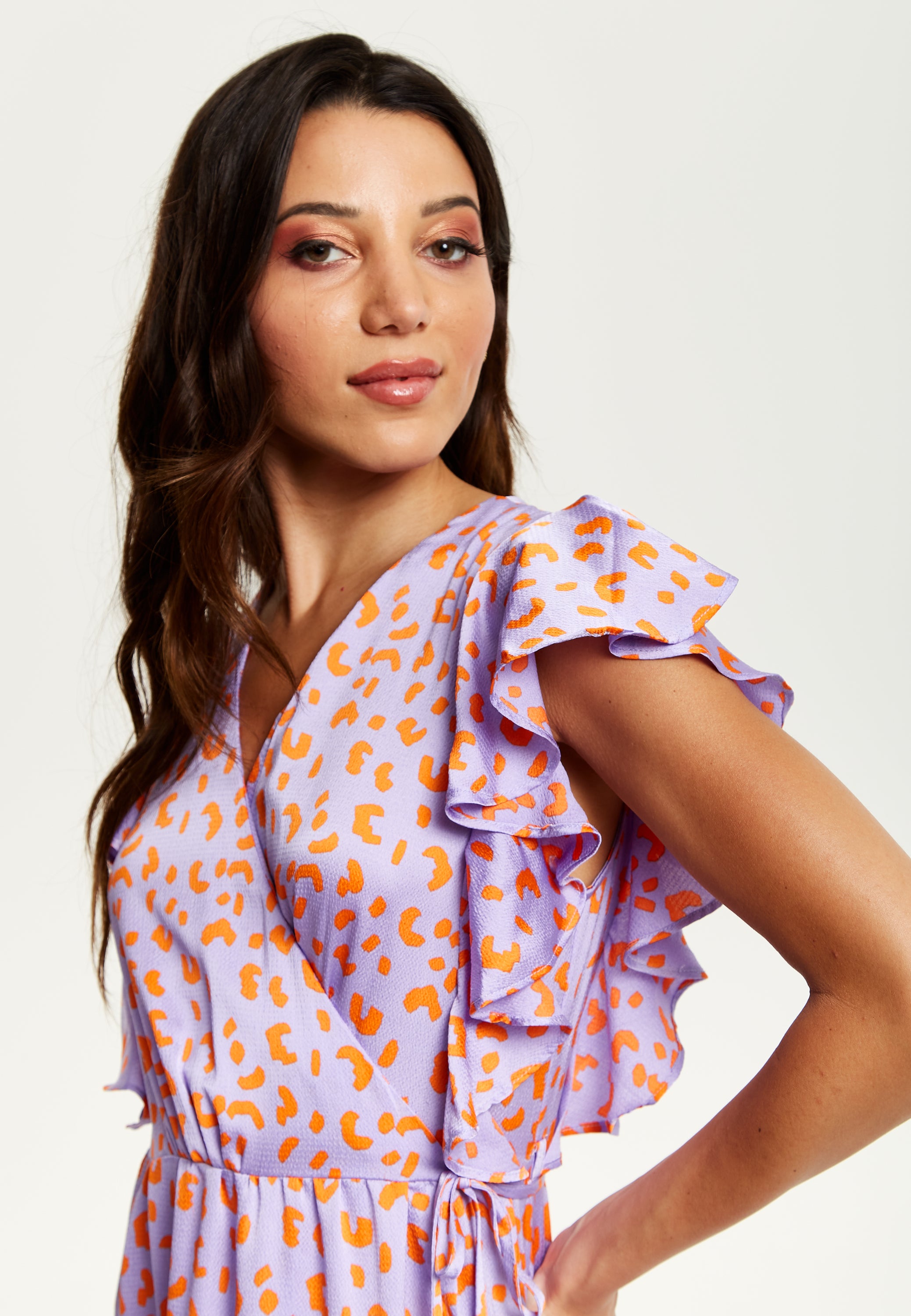 Women s Maxi Dress in Lilac and Orange with Flouncy Sleeves Cheetah P Liquorish Online