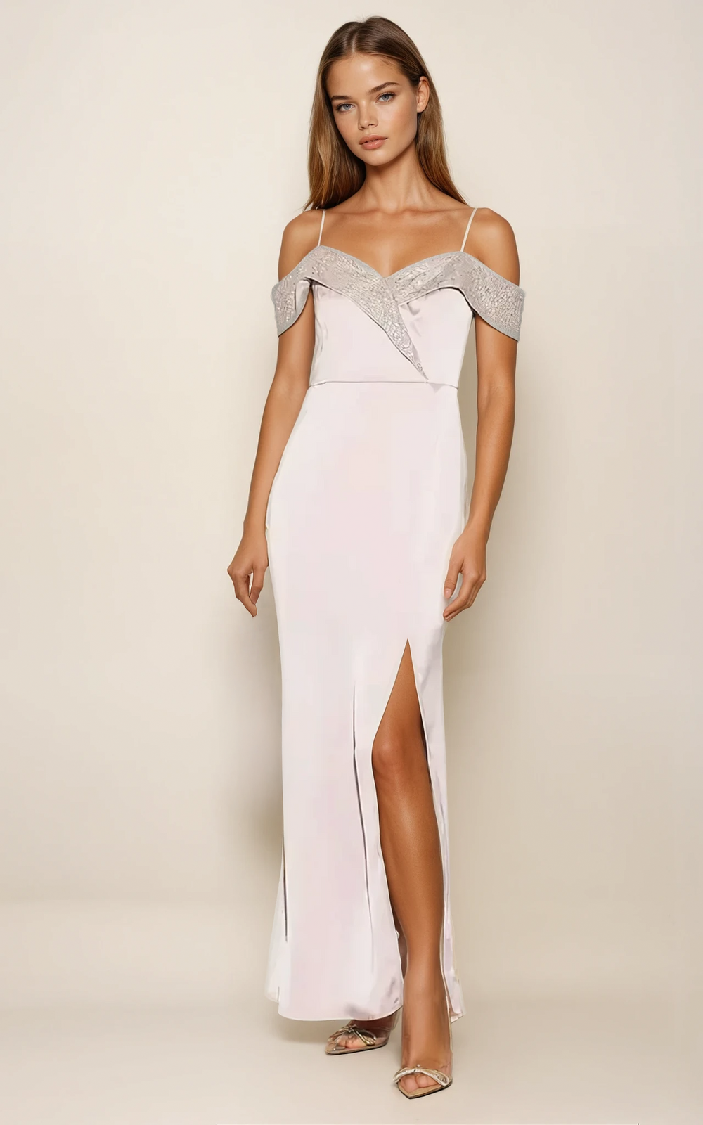 Maxi Dress with Off-Shoulder Design Thigh-High Slit & Sequin Detail