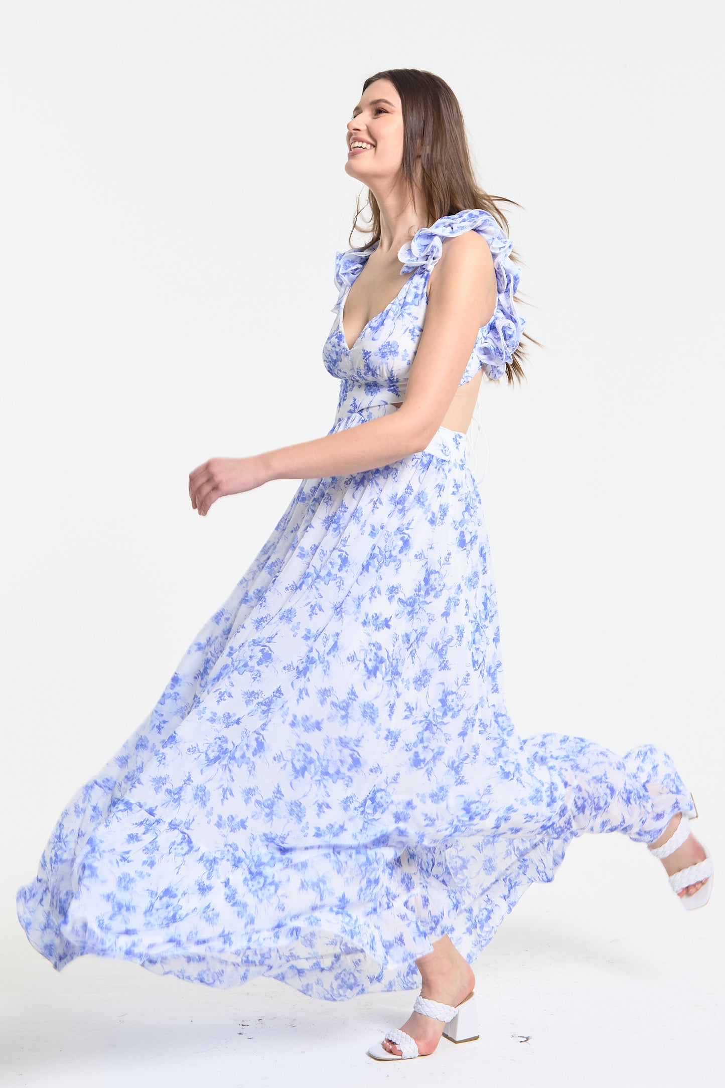 
                  
                    Blue Floral Ruffle Maxi Cut-Out Dress
                  
                