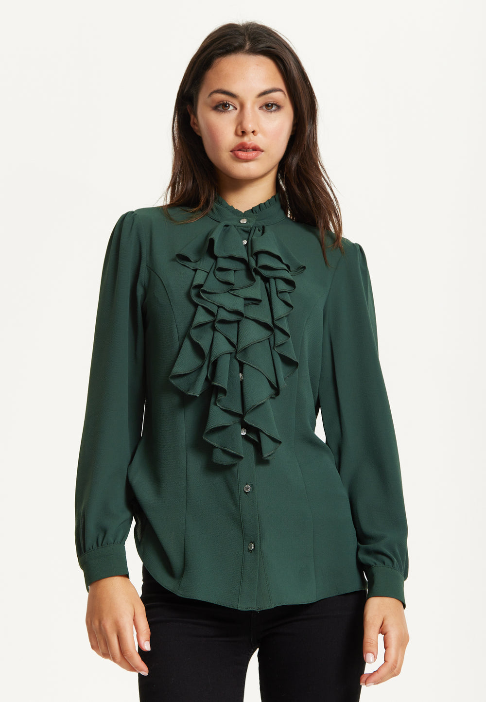 Green Ruffle Front Long Sleeve Blouse