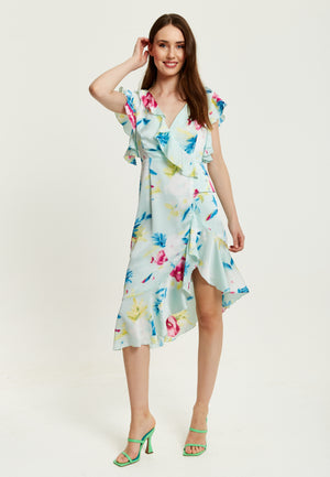 Liquorish Floral Print Midi Wrap Dress in Mint Green
