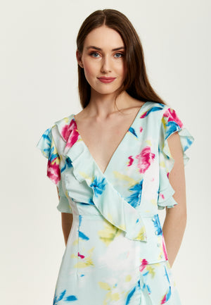 Liquorish Floral Print Midi Wrap Dress in Mint Green