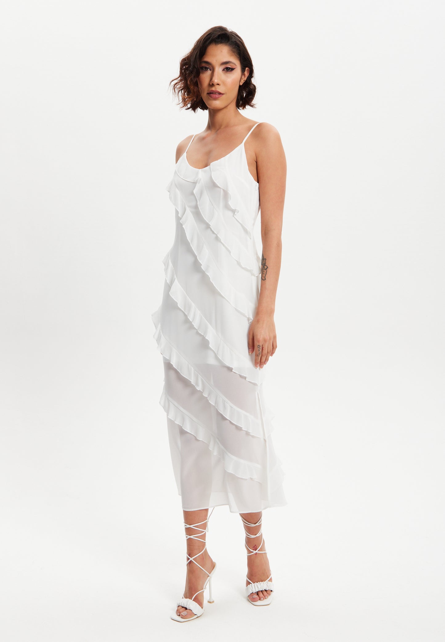 
                  
                    Liquorish Diagonal Frill Strap Midi Dress In White
                  
                