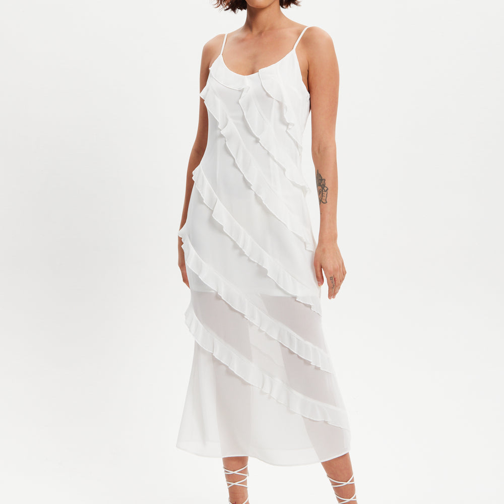
                  
                    Liquorish Diagonal Frill Strap Midi Dress In White
                  
                