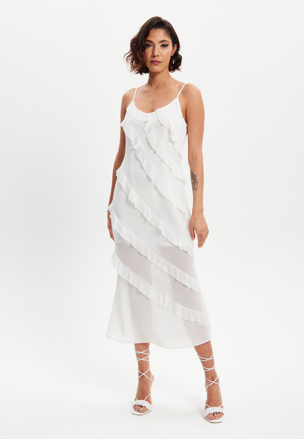 Liquorish Diagonal Frill Strap Midi Dress In White