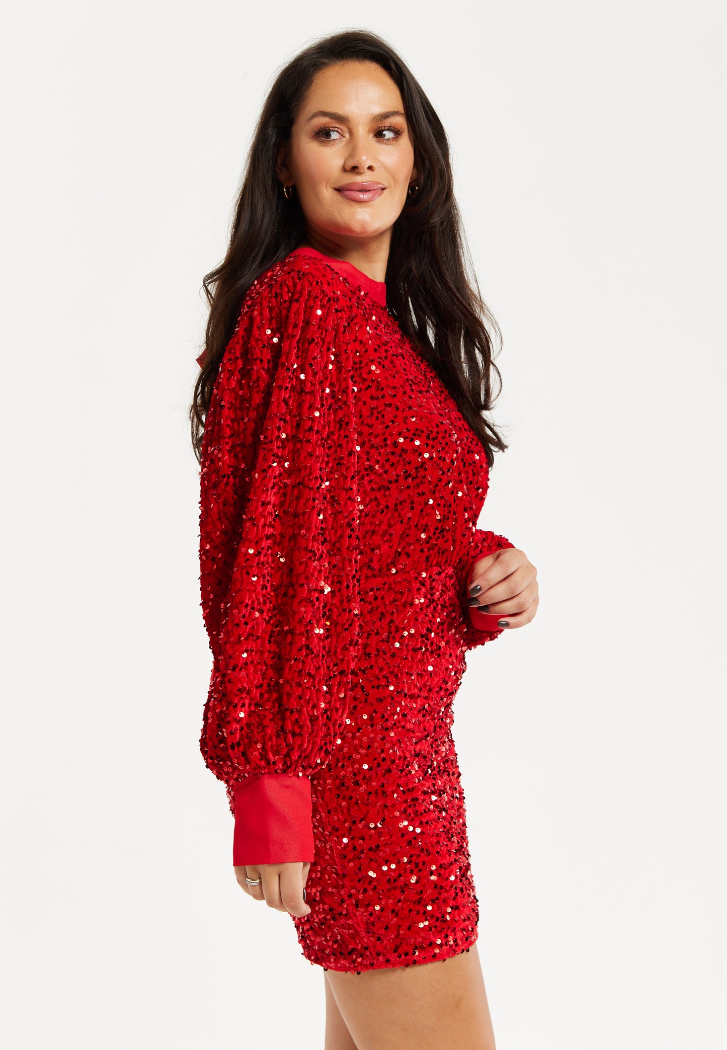 
                  
                    Women's Mini Dress in Red Velvet with Long Sleeves, High Neck, Open Back & Tie Detail - Liquorish
                  
                