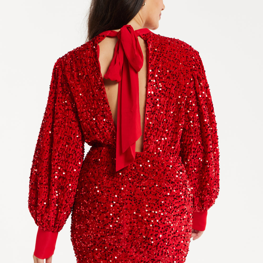 
                  
                    Women's Mini Dress in Red Velvet with Long Sleeves, High Neck, Open Back & Tie Detail - Liquorish
                  
                