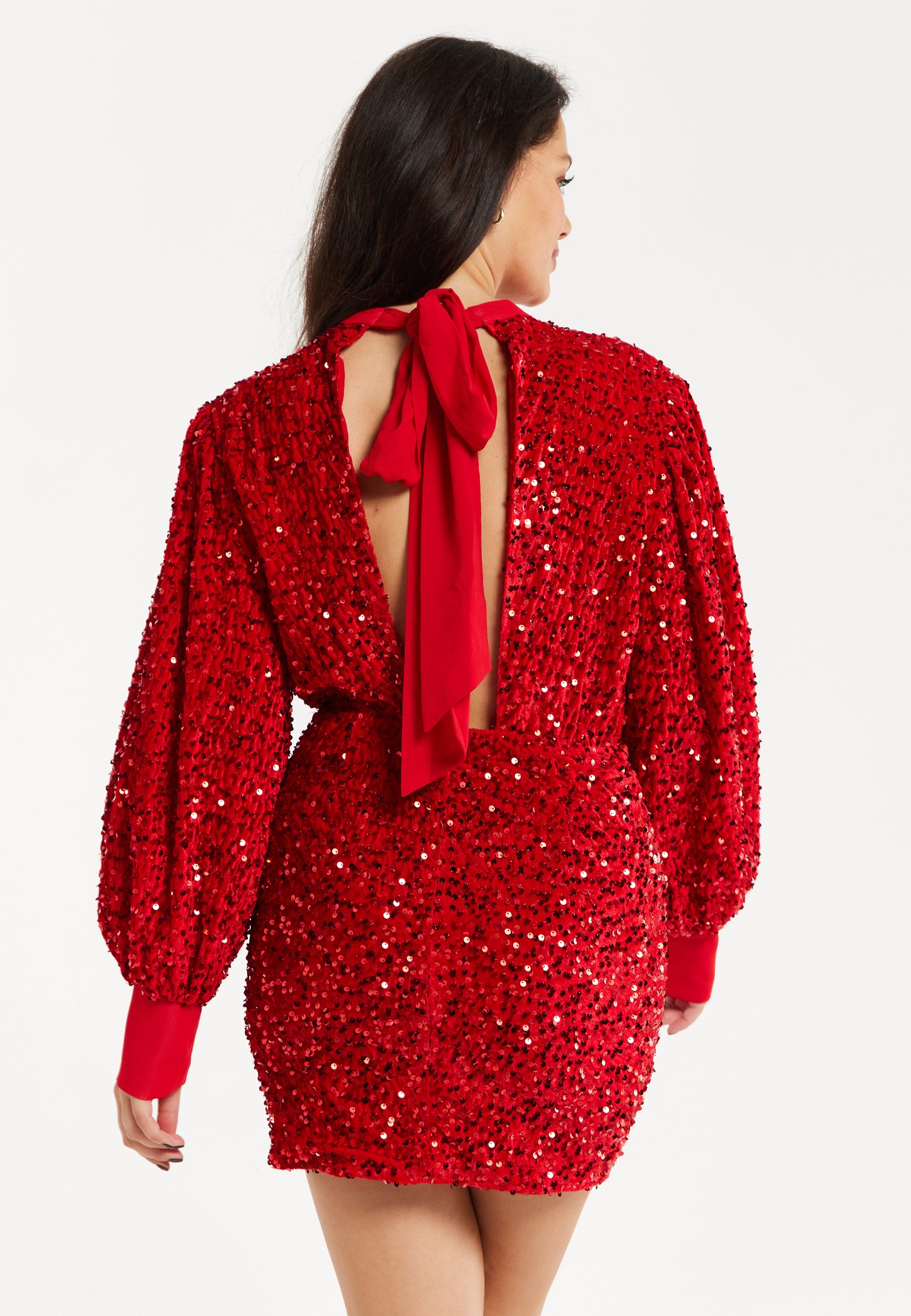 
                  
                    Women's Mini Dress in Red Velvet with Long Sleeves, High Neck, Open Back & Tie Detail - Liquorish
                  
                