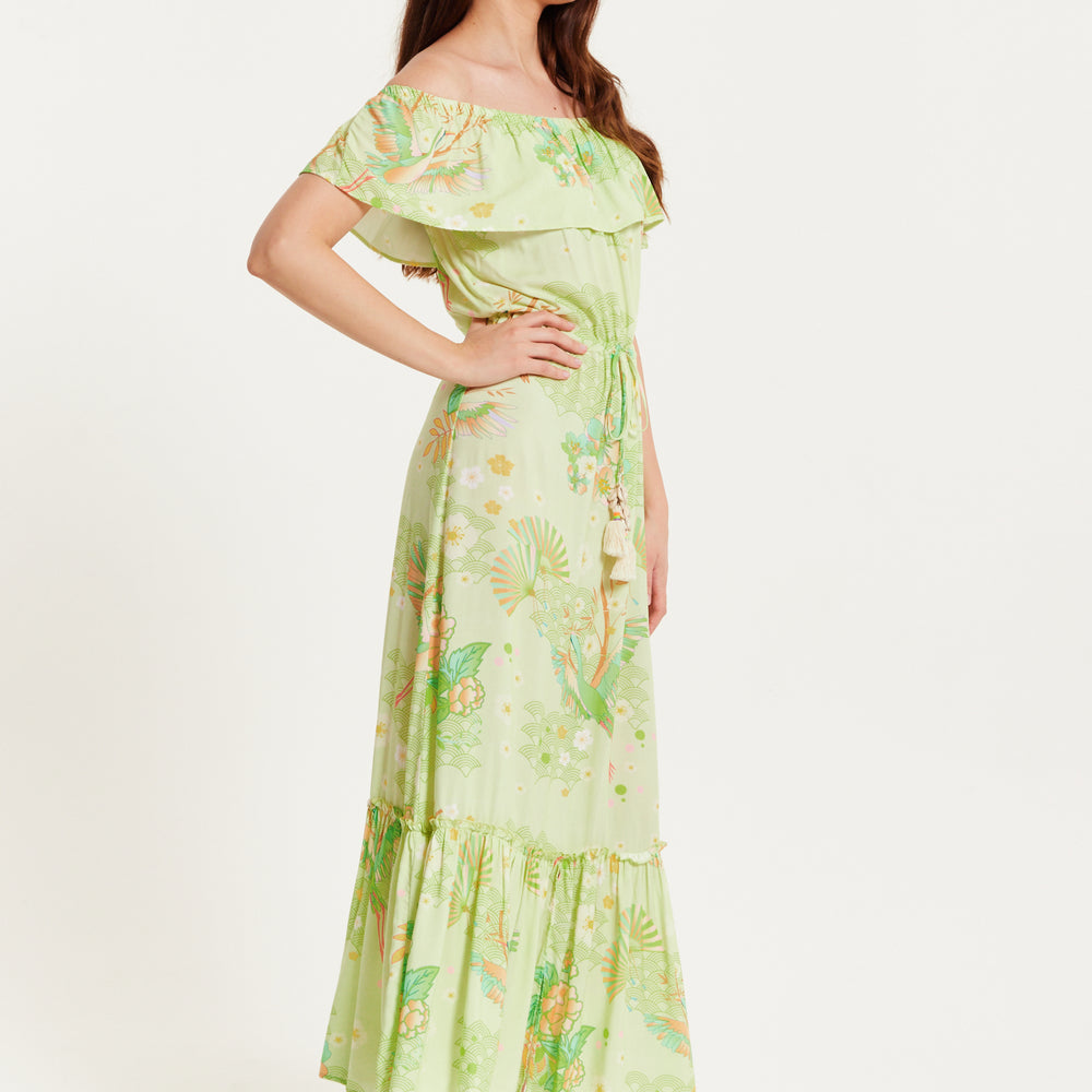 
                  
                    Liquorish Floral and Bird Print Off Shoulder Maxi Dress in Sage Green
                  
                