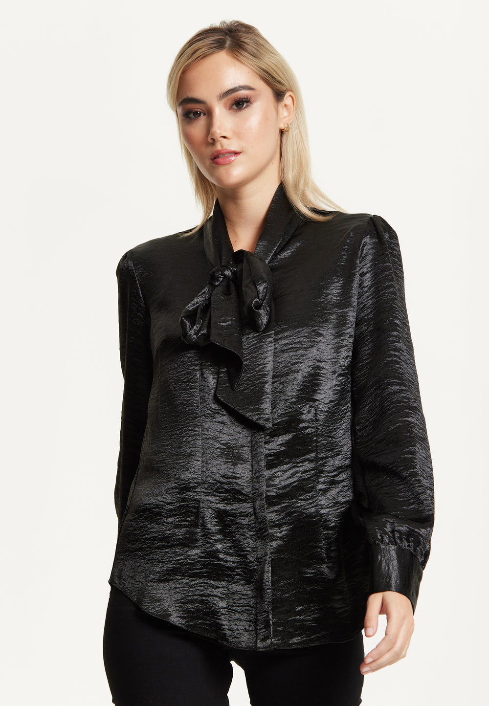 Black Satin Pussy-Bow Blouse