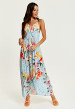 Liquorish Blue Floral Print Midi Asymmetrical Dress With Open Back