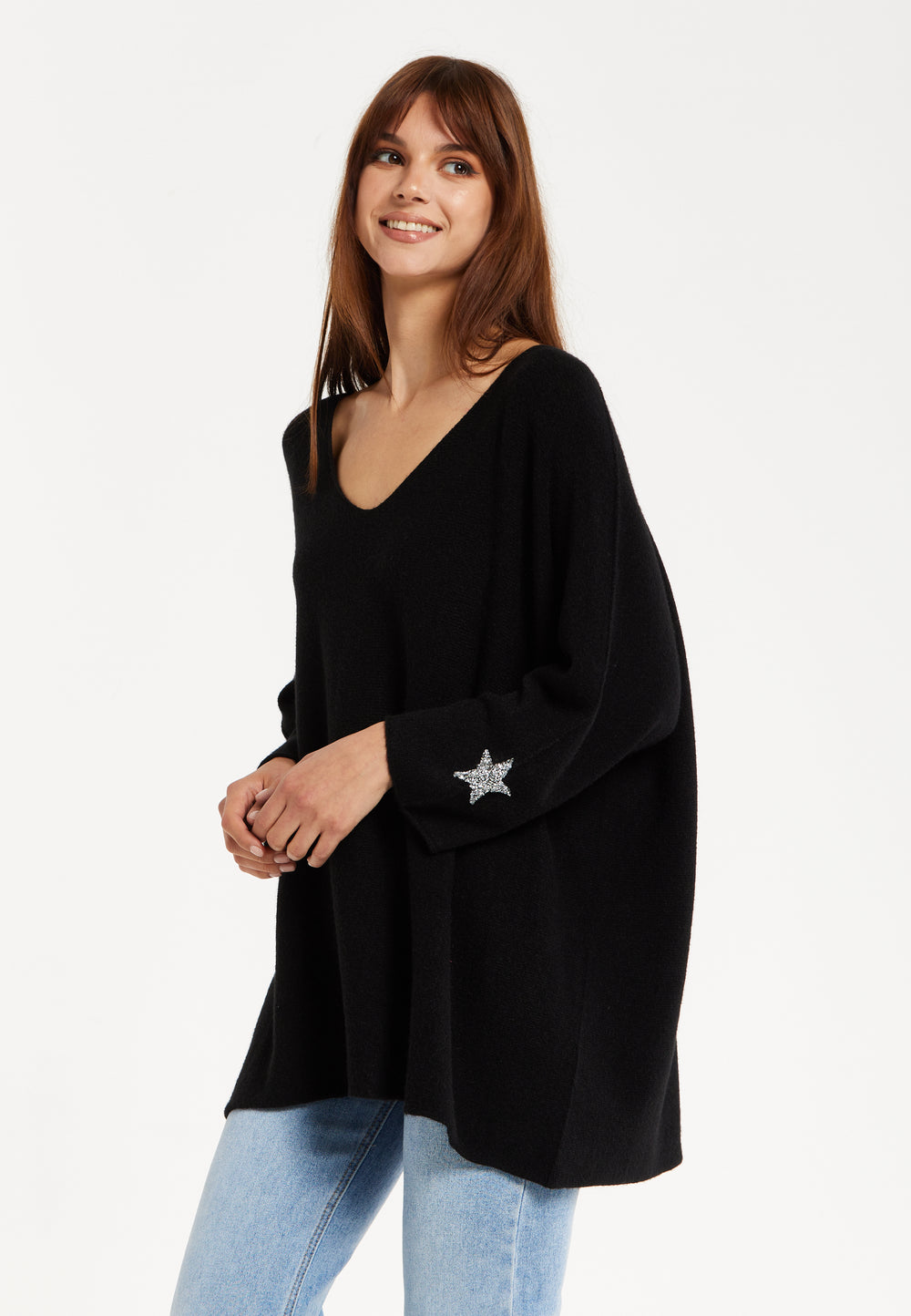 Liquorish Women's Black V-Neck Jumper with Star Embellishments and Long Sleeves