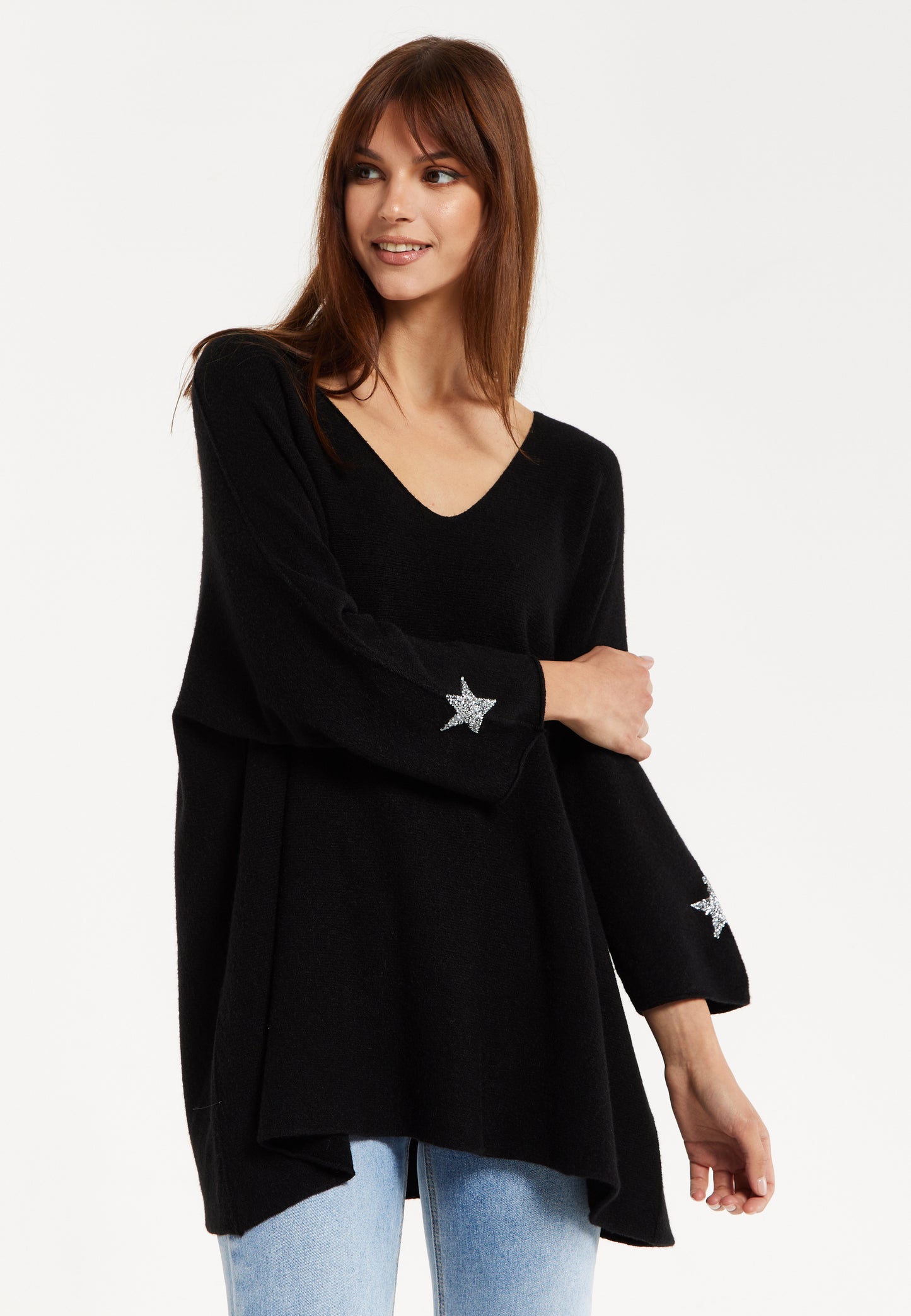 
                  
                    Liquorish Women's Black V-Neck Jumper with Star Embellishments and Long Sleeves
                  
                