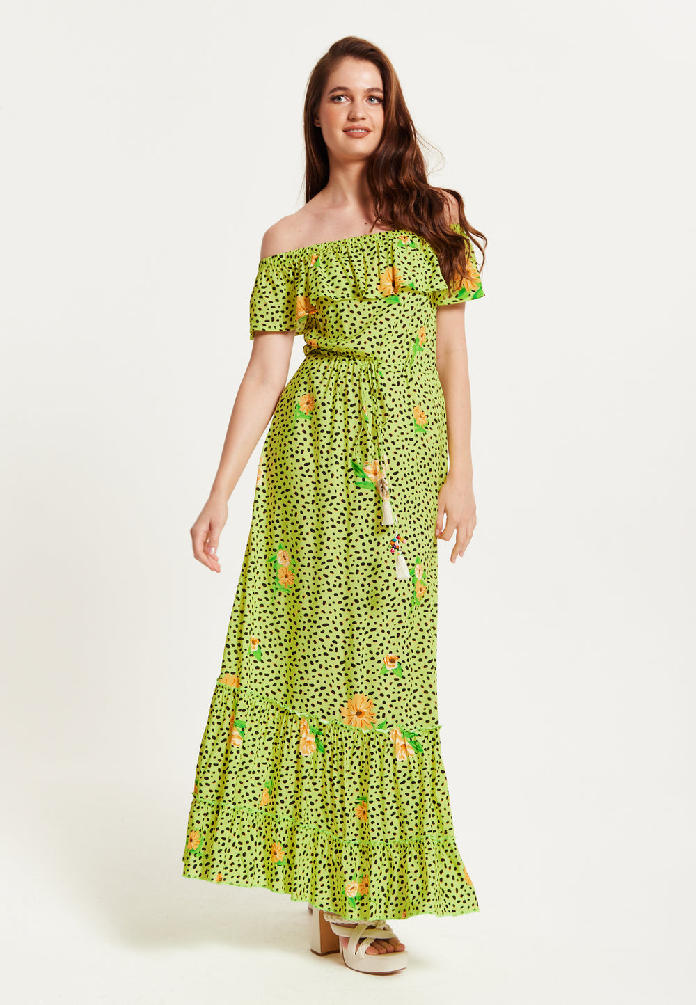 Liquorish Animal and Floral Print Off Shoulder Maxi Dress in Neon Green