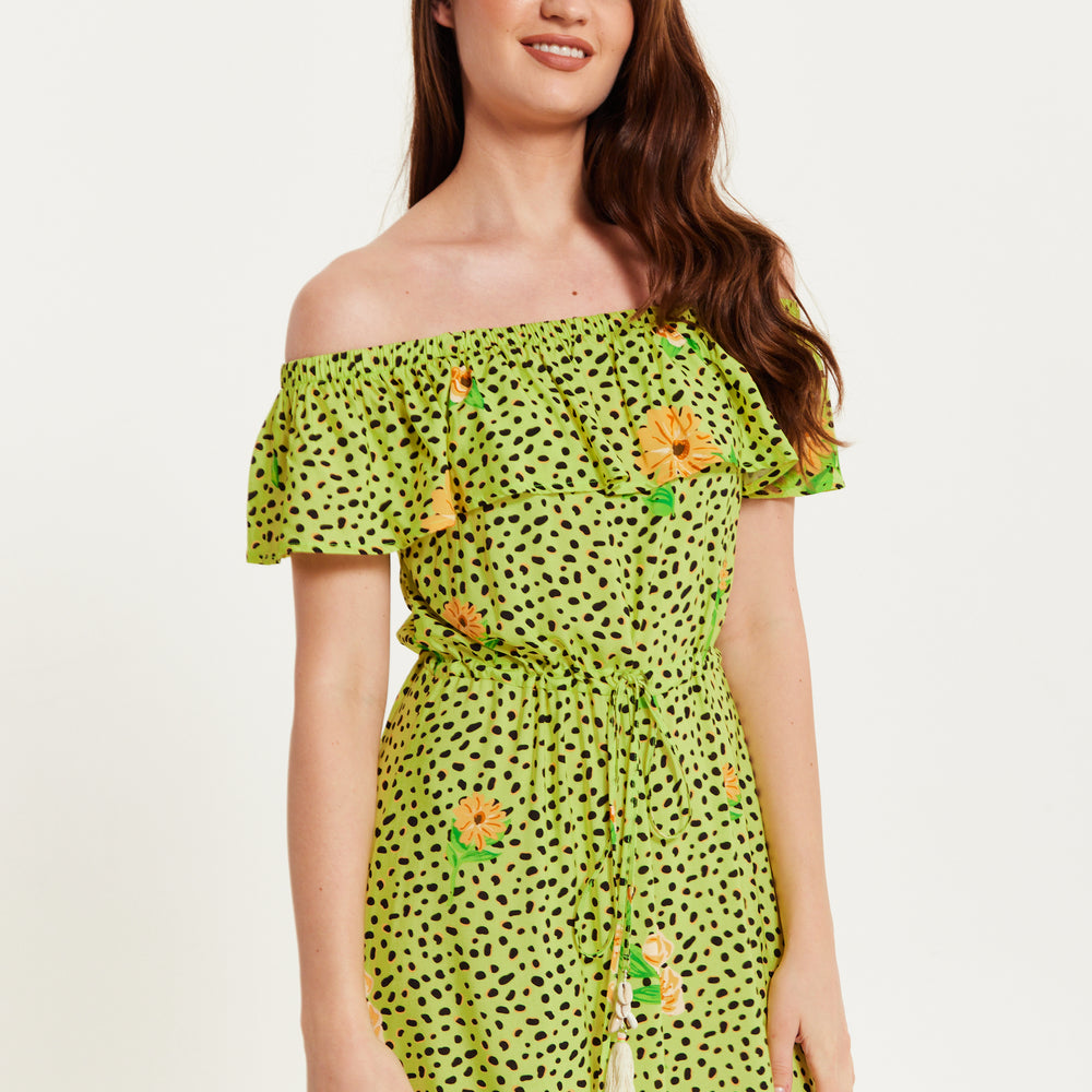 
                  
                    Liquorish Animal and Floral Print Off Shoulder Maxi Dress in Neon Green
                  
                