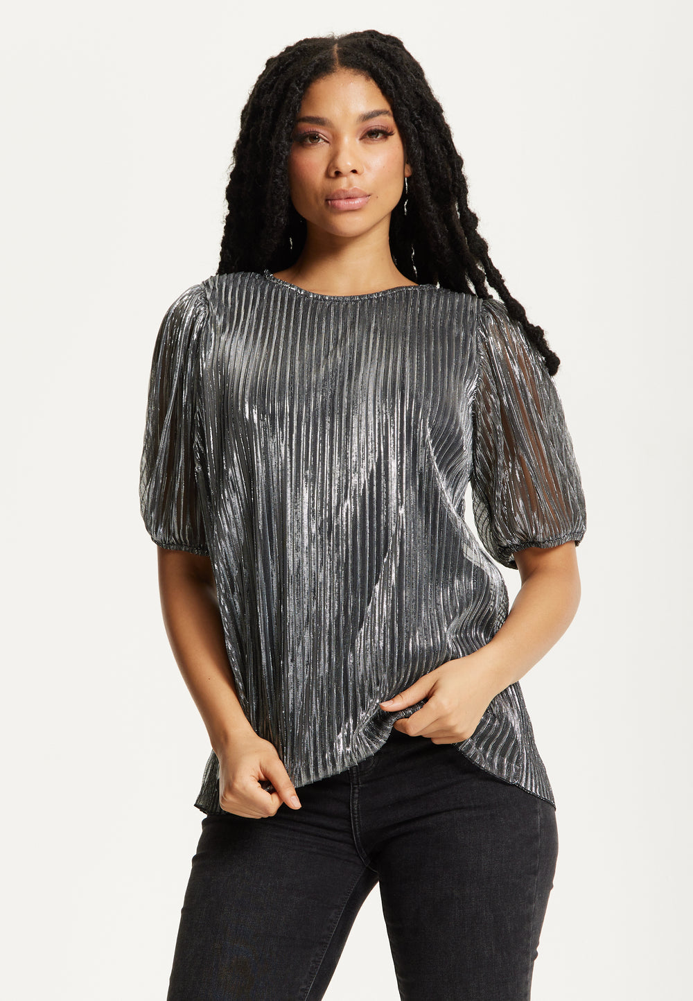 Metallic Pleated Puff Sleeve Top